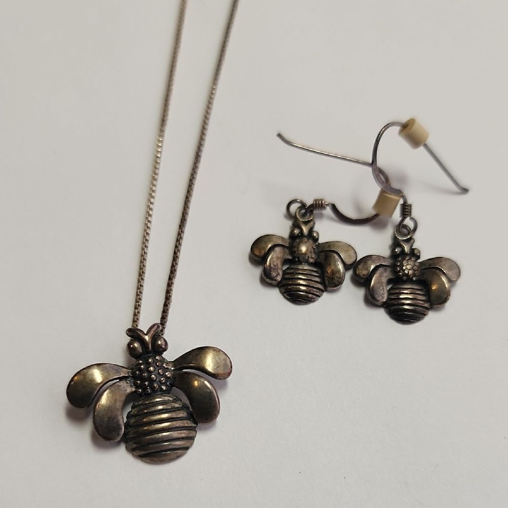 Sterling Silver Bee Pendant Necklace and Matching Earrings Set